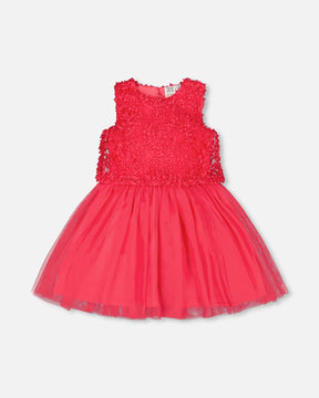 Deux par Deux sleeveless raspberry pink dress with a textured rosette bodice and a full mesh skirt