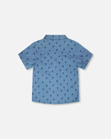 Short Sleeve Chambray Shirt Blue Palm Print-4