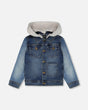 Navy Blue Denim Jacket With Removable French Terry Hood-0