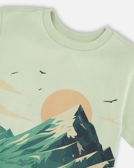 Organic Cotton Jersey T-Shirt With Mountain Print Sage-4