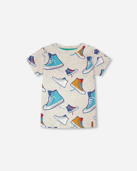 Organic Cotton Jersey T-Shirt Grey Mix Printed Shoes-0