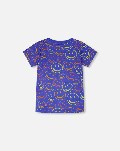 Organic Cotton Jersey T-Shirt Blue Smiley Print-3