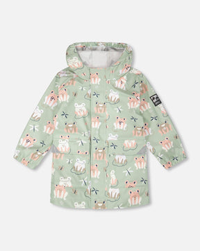 Deux par Deux sage green rain jacket with a pink frog print and hood, front view
