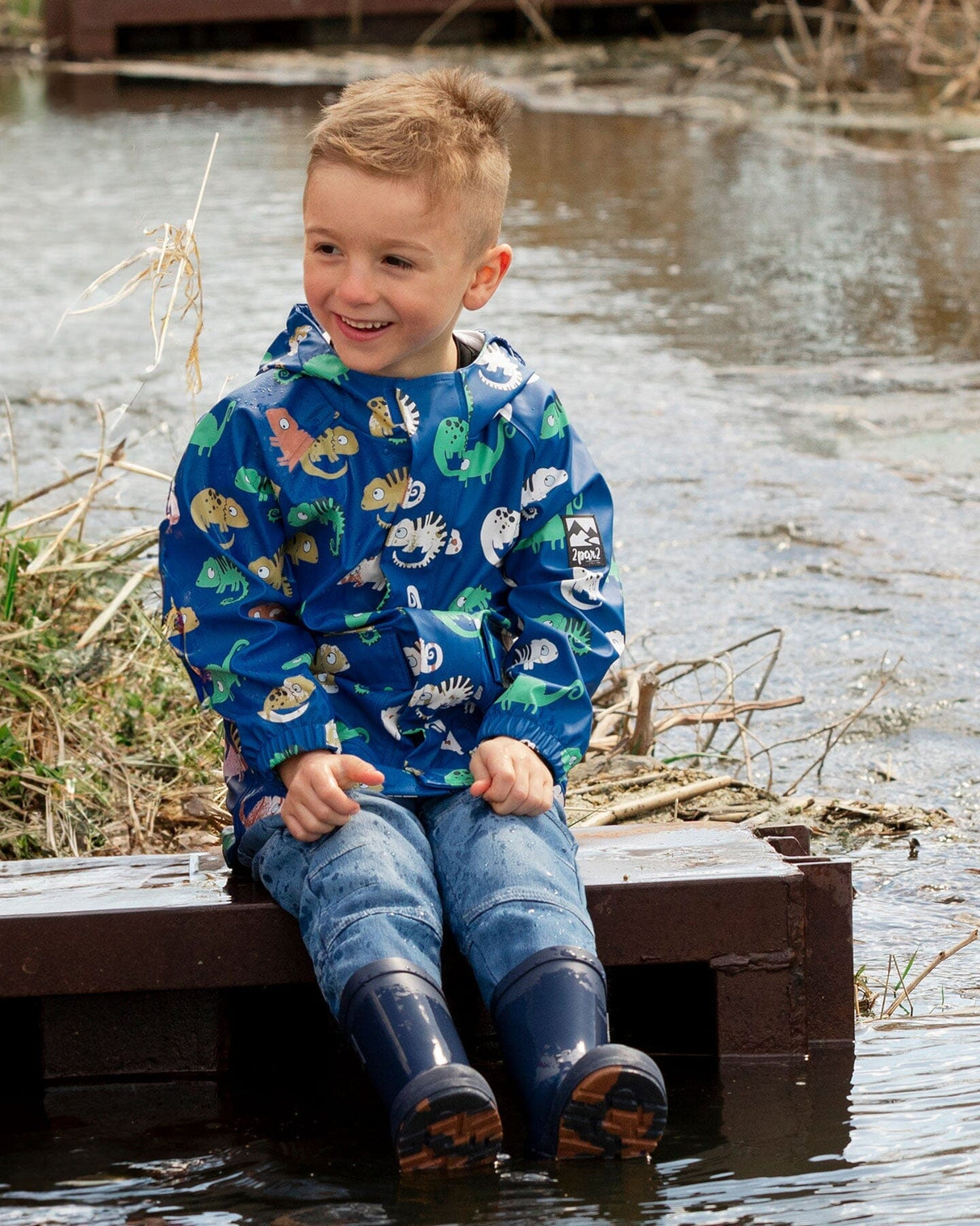 Rain Jacket In Polyurethane Blue Chameleon Print-1