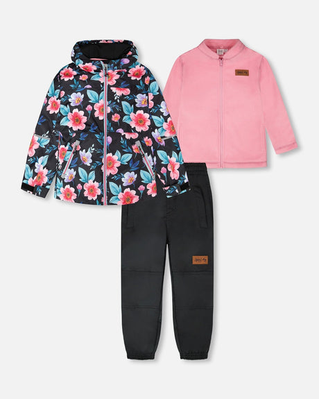 3-In-1 Two-Piece Mid-Season Outerwear Set Black Printed Flowers - Pink Inner Jacket-0