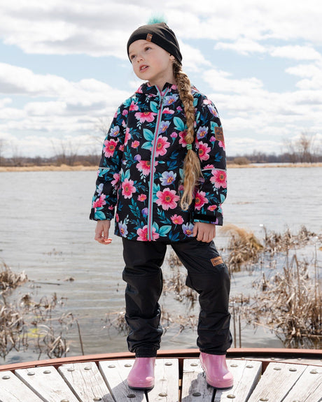 3-In-1 Two-Piece Mid-Season Outerwear Set Black Printed Flowers - Pink Inner Jacket-1