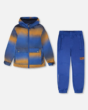 Deux par Deux kids two-piece mid-season outerwear set in blue and brown gradient, front view