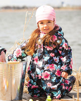 Baby Mid-Season One-Piece Outerwear With Hat Black Printed Flowers-1