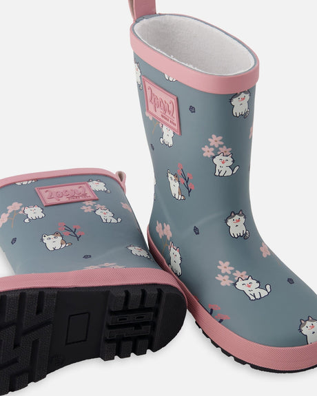 Rain Boots In Natural Rubber Green Cat Print-2