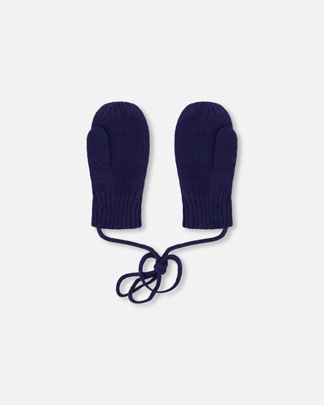 Baby Knit Mittens With Cord Navy Blue-2