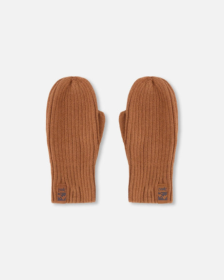 Ribbed Knit Mittens Brown-0