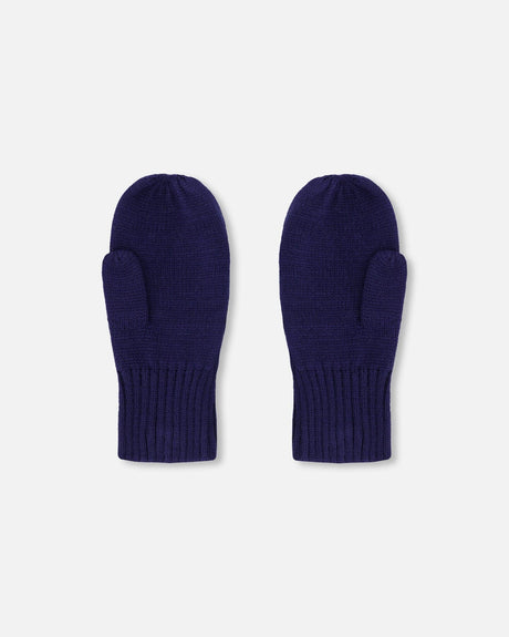 Ribbed Knit Mittens Navy Blue-2