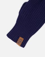 Ribbed Knit Mittens Navy Blue-3