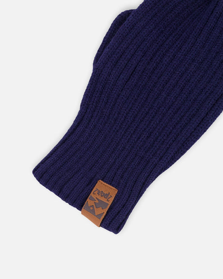 Ribbed Knit Mittens Navy Blue-3