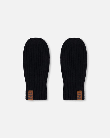 Ribbed Knit Mittens Black-0