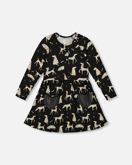 Half Button Jersey Dress Black Dalmatian Print | Deux par Deux | Jenni Kidz