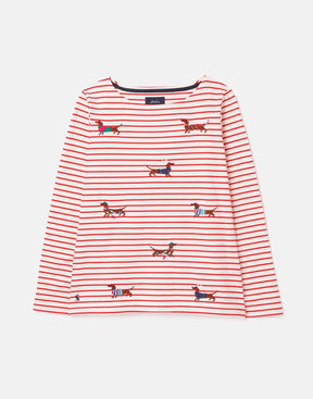 Joules Harbour Cream Red Stripe Festive Dog Top: front view with red stripes and illustrated dogs