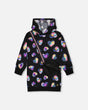 Hooded Fleece Dress Black And Multicolor With Trompe-L’Œil Bag Detail | Deux par Deux | Jenni Kidz