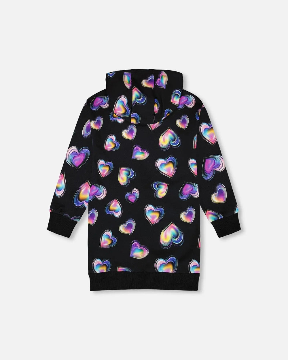 Hooded Fleece Dress Black And Multicolor With Trompe-L’Œil Bag Detail | Deux par Deux | Jenni Kidz