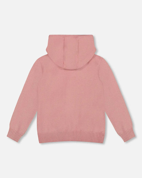 Hooded Knit Cardigan Dusty Pink With Unicorn Intarsia | Deux par Deux | Jenni Kidz