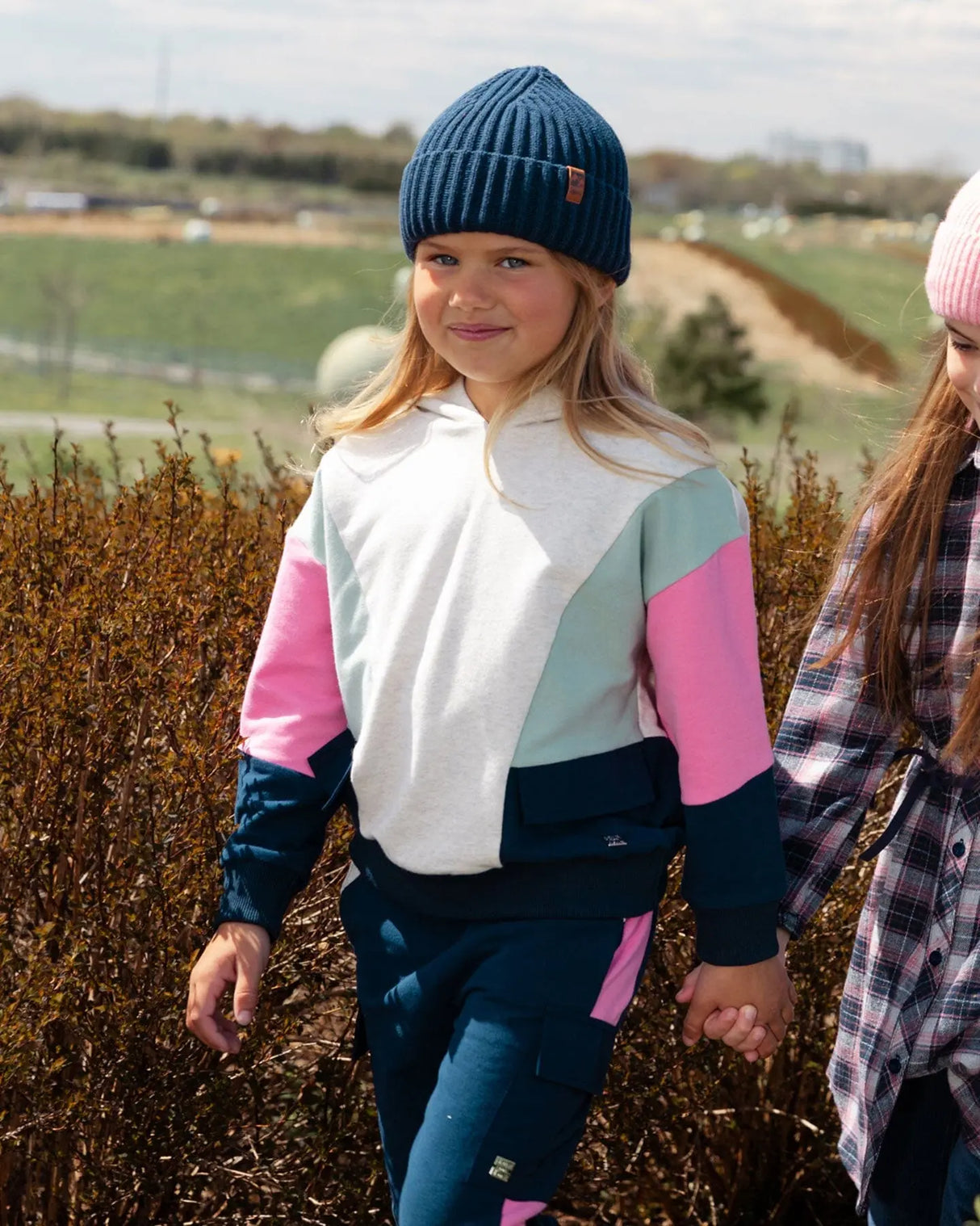 Hooded Sweatshirt Colorblock Beige, Navy And Pink | Deux par Deux | Jenni Kidz