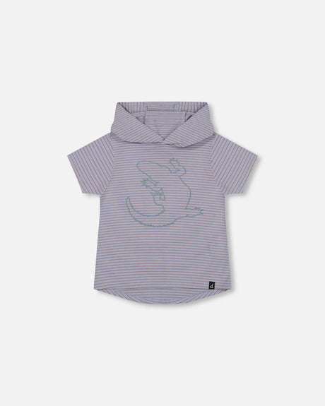 Hooded T-Shirt With Crocodile Print Blue And Rust Stripe | Deux par Deux | Jenni Kidz
