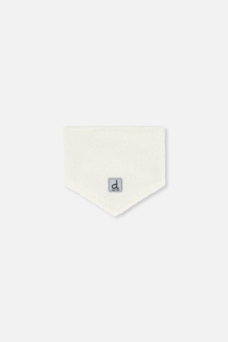Off-white sherpa neckwarmer included with the blue animal-print baby snowsuit