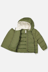 Olive green car seat jacket opened to show the inner front zipper and lining
