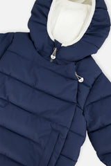 Close-up of the dark blue jacket hood lining and snap front panel