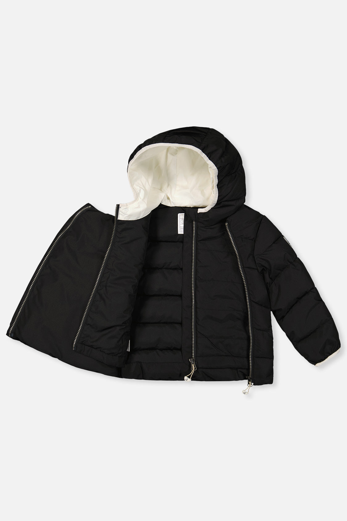 Black car seat jacket opened to show the inner front zipper and lining