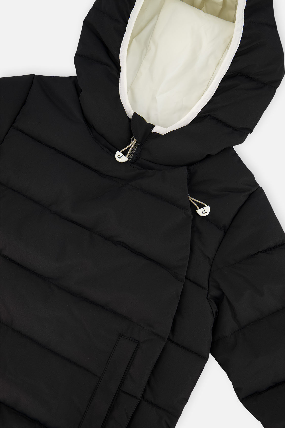 Close-up of the black jacket hood lining and snap front panel
