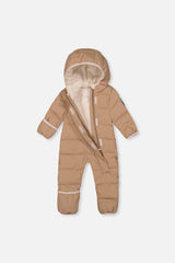 Beige Baby Cloud snowsuit unzipped to show the fleece lining