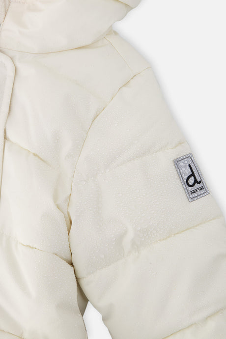 Close-up of the off-white quilted sleeve with Deux par Deux logo patch