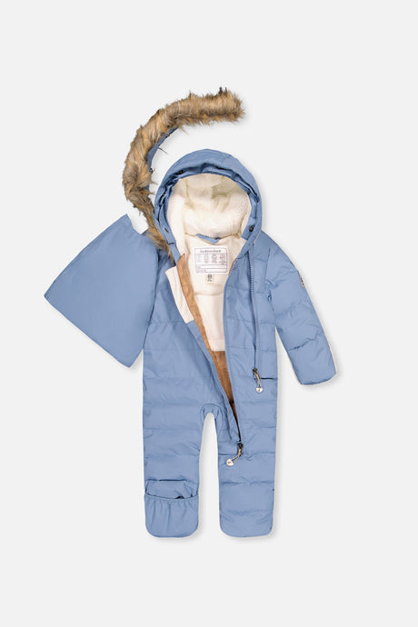 Deux par Deux SNUG one-piece car-seat snowsuit in blue grey, alternate view