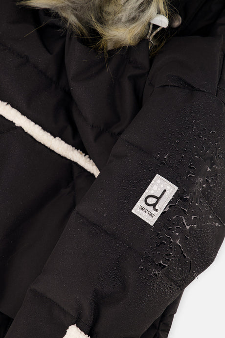 Deux par Deux SNUG baby car-seat snowsuit in black, further studio view