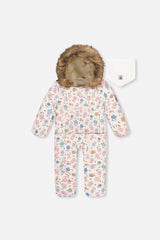 Baby Snug One Piece Snowsuit Adapted For Car Seats White With Floral Print-0
