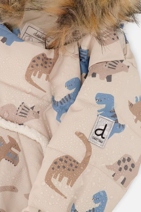 Deux par Deux baby boys' SNUG car-seat snowsuit in blue dinosaur print, further studio view