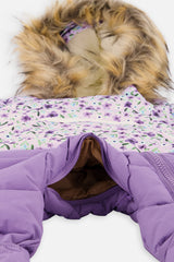 Deux par Deux baby girls' SNUG car-seat snowsuit, purple mini-flower print, another studio view