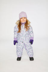 Baby Original One Piece Puffy Snowsuit With Removable Mittens And Boots Purple Printed Mini Flowers-1