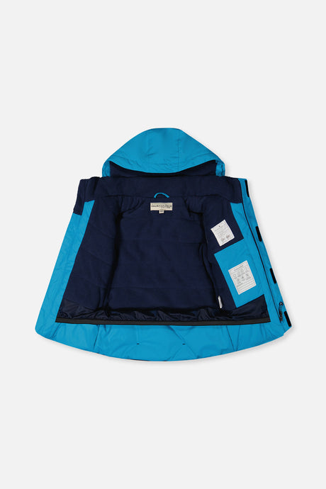 Boys blue waterproof snowsuit fleece lining and zipper detail