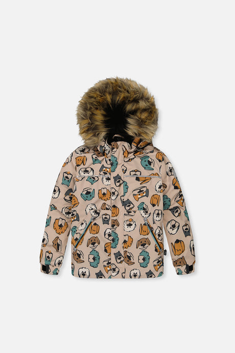 Deux par Deux boys' DISCOVER two-piece snowsuit, beige with dog print, back view