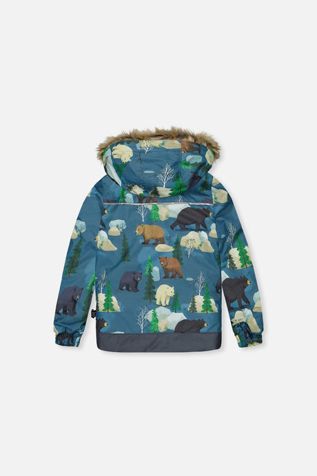 Deux par Deux DISCOVER blue bear print jacket with faux-fur hood, back view