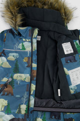 Deux par Deux blue bear print DISCOVER jacket opened to show the fleece lining