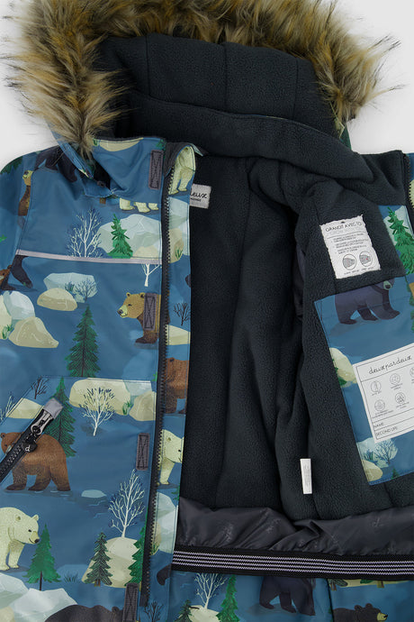 Deux par Deux blue bear print DISCOVER jacket opened to show the fleece lining
