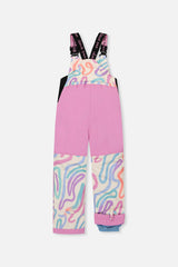 Back of the multicolored line print DISCOVER bib snow pants with orchid pink seat panel