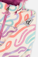 Close-up of the water-repellent line print jacket shell with Deux par Deux logo patch