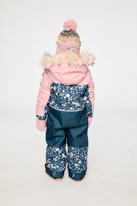 Child wearing the Deux par Deux blue and pink unicorn DISCOVER one-piece snowsuit, lookbook photo 3