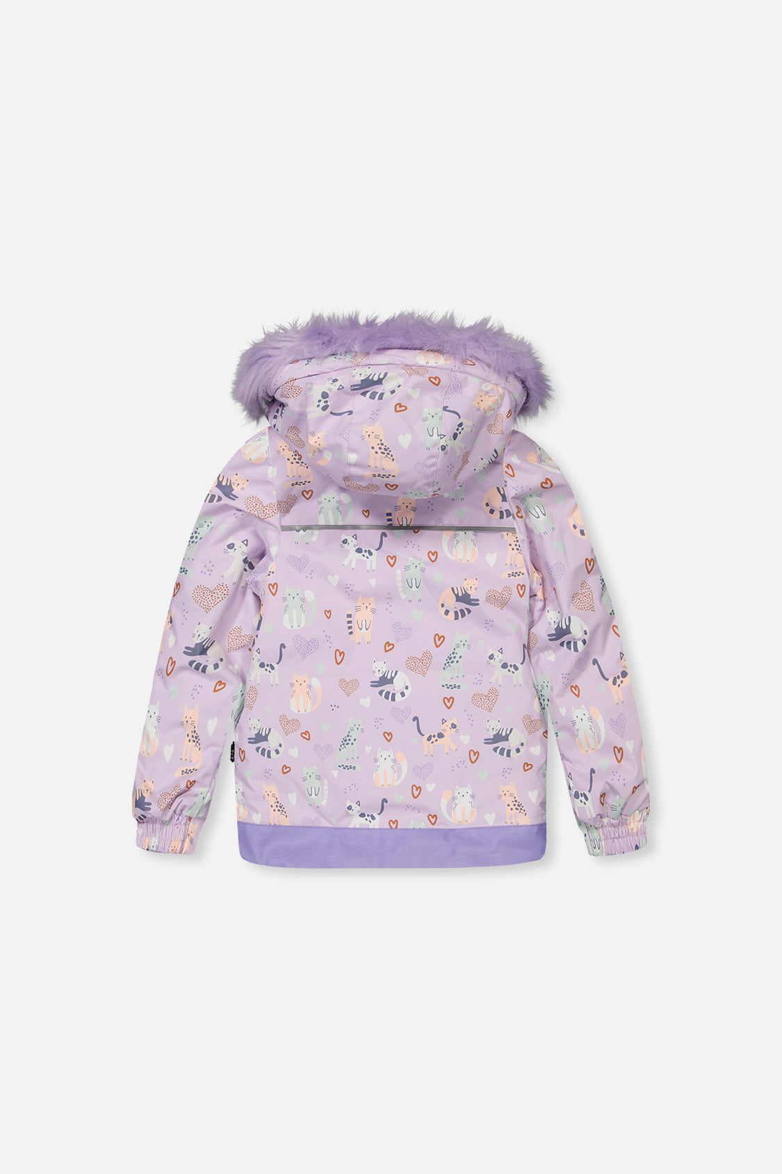 Deux par Deux DISCOVER purple cat print jacket with lavender faux-fur hood, back view