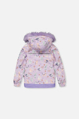 Deux par Deux DISCOVER purple cat print jacket with lavender faux-fur hood, back view