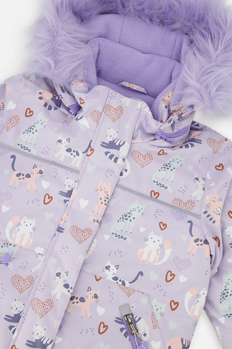 Close-up of the Deux par Deux purple cat print DISCOVER jacket with lavender faux-fur hood